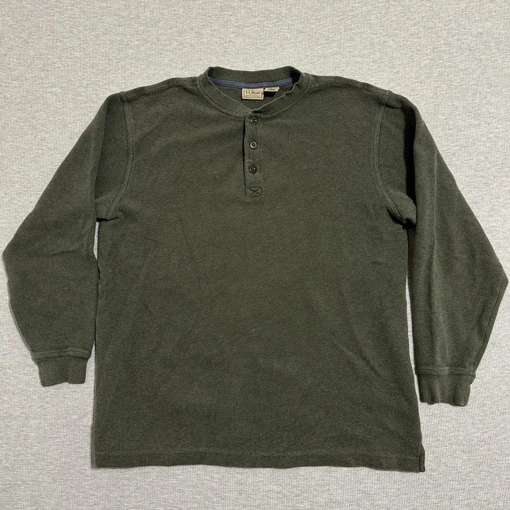 L.L Bean Henley Shirt Tall Long Sleeve Waffle Knit Olive Green Mens Large